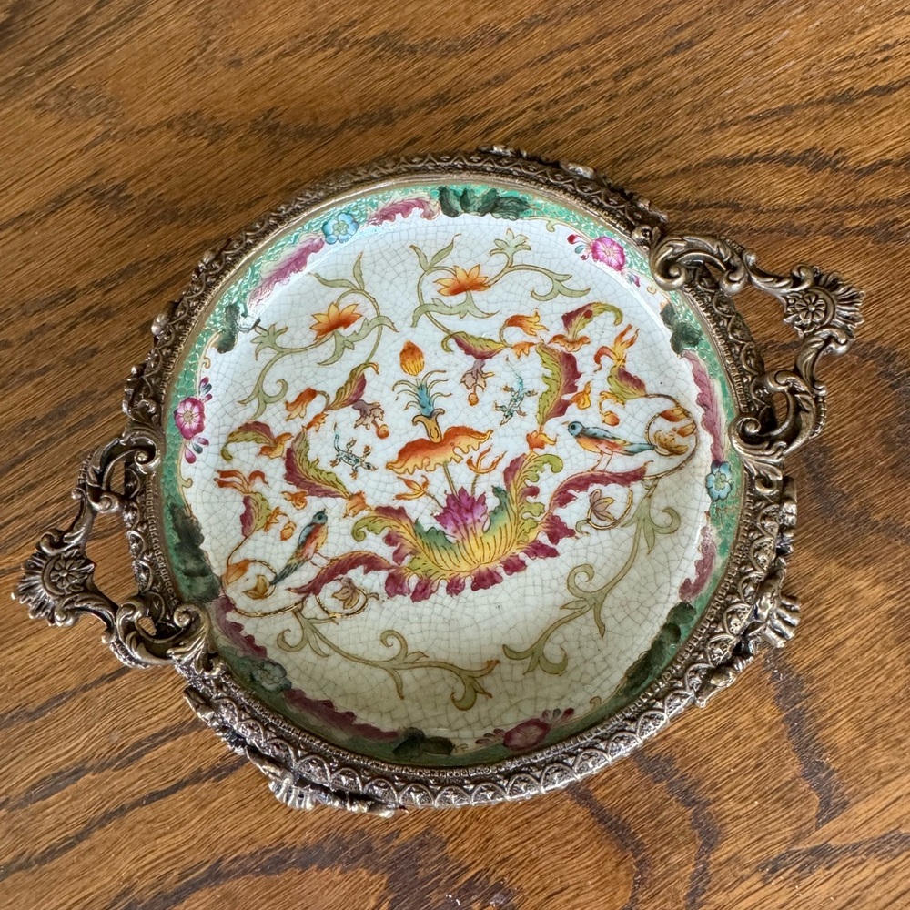 Antique Hua Rong Tang Zhi Porcelain & Ornate Bronze Footed Tray Floral w/ birds